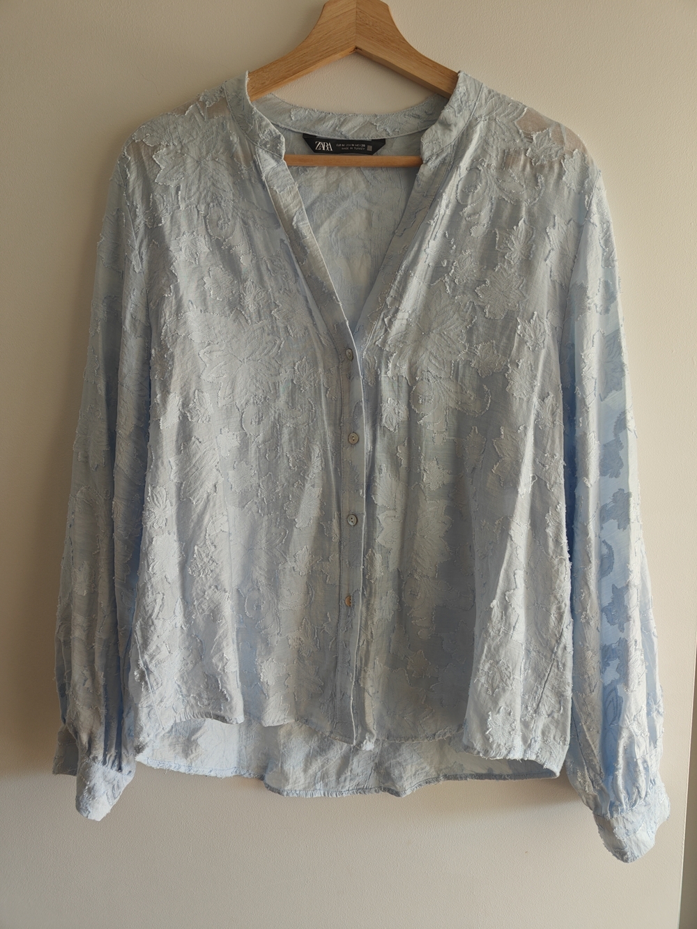 Zara Pale Blue Textured Button-Front Blouse Floral - Picture 3 of 6